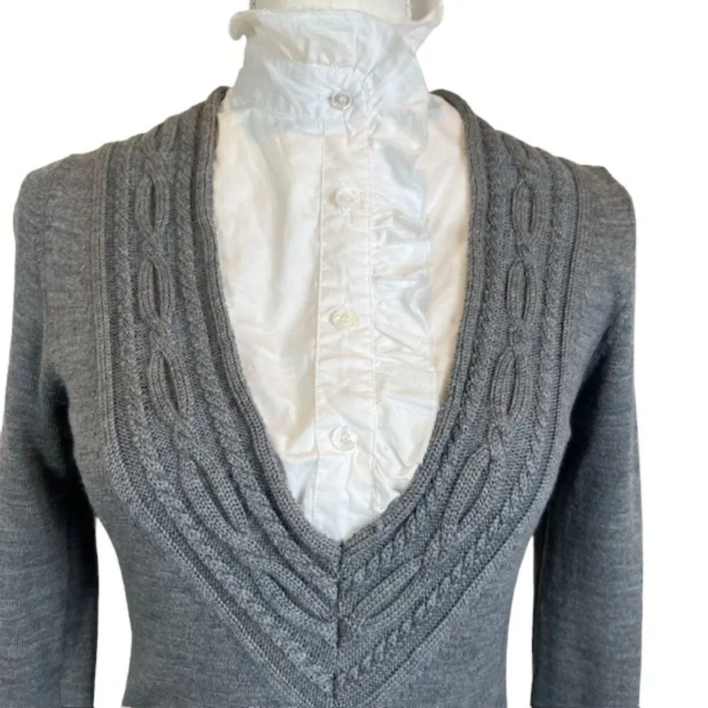Tory Burch Wool V-Neck Charcoal Sweater With Removable White Ruffle Dickey Small